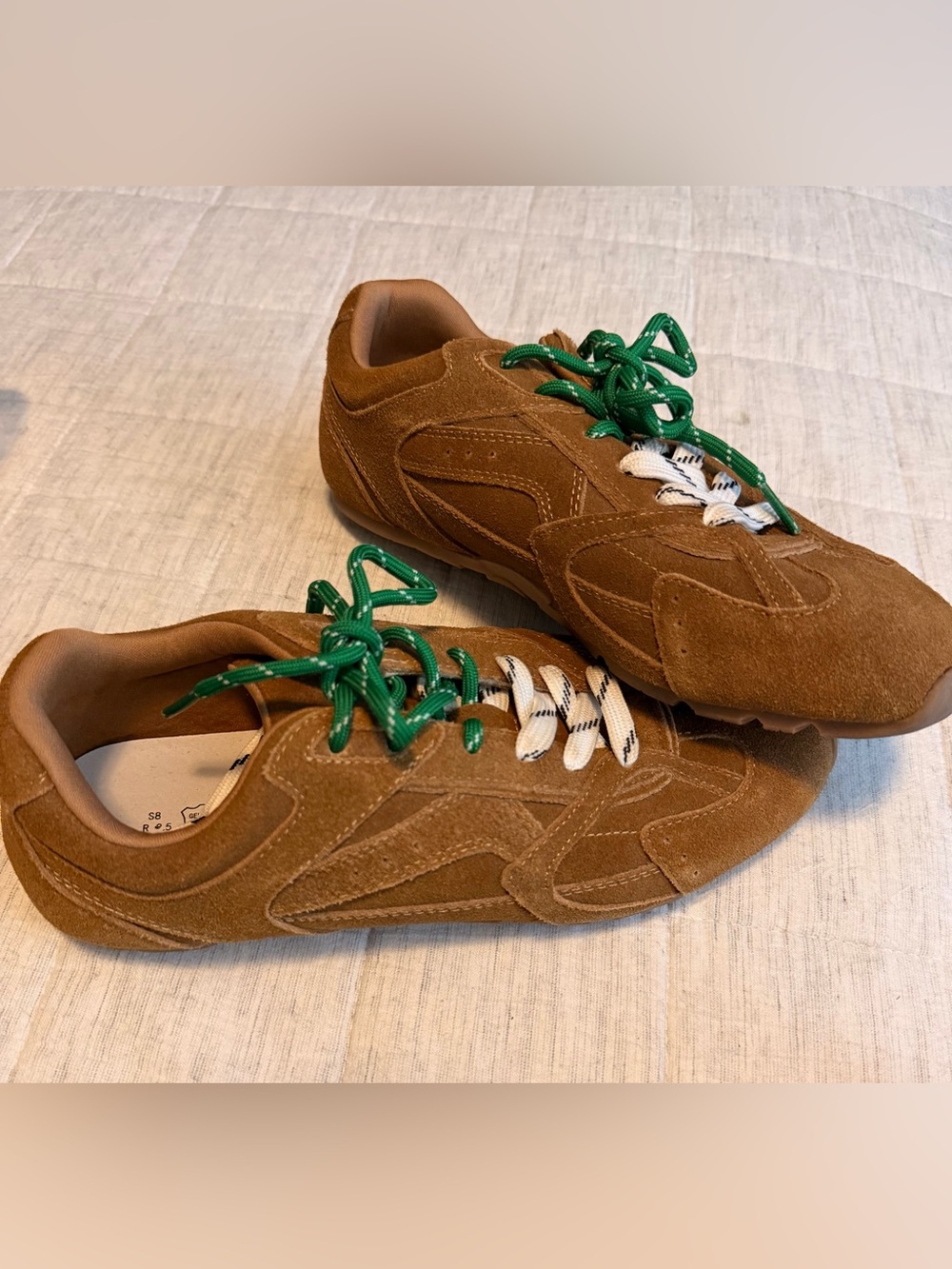 Women's Suede Project Cloud Athletic Sneakers in Brown with White & Green Laces
